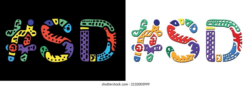 SD Hashtag. Multicolored bright isolate curves doodle letters. Hashtag SD is abbreviation for the US American South Dakota. Set for social network, web resources, mobile apps.