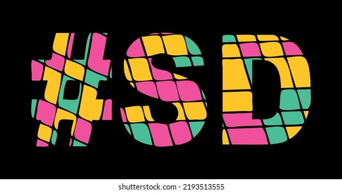 SD Hashtag. Tricolor isolated letters from contrast flowing fluid shapes. 3 colored Hashtag SD is abbreviation for the US American state South Dakota for social network, web resources, mobile app