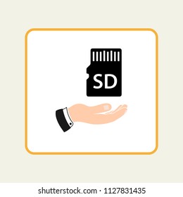 SD icon hand icon. Memory card sign. Vector. Flat style black icon on white.
