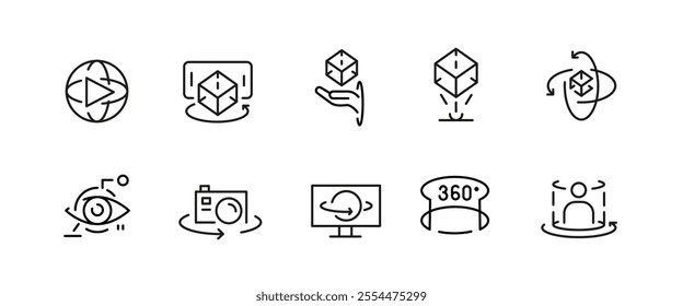 Sd icons. Set of 10 virtual reality trendy minimal icons. VR headset, AR goggles, 360 view, simulation icon. Design signs for web page, mobile app, packaging design. Vector illustration