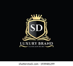 SD Letra inicial, texto dorado con monograma heráldico de mano floral femenina, diseño de logotipo de lujo de estilo antiguo vintage.