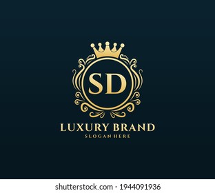 SD Letra inicial, texto dorado con monograma heráldico de mano floral femenina, diseño de logotipo de lujo de estilo antiguo vintage.
