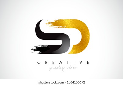 SD Letter Design with Black Golden Brush Stroke and Modern Look Vector Illustration.