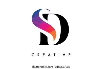 Diseño de letras SD con corte creativo y textura arcoiris colorida. Logotipo vectorial de iconos de letras SD con fuente seria y estilo minimalista.