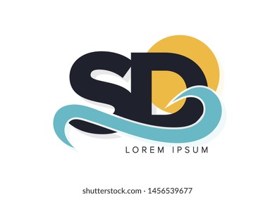 SD letter logo with ocean waves and sunset. Beach concept design