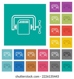 SD memory card compress outline multi colored flat icons on plain square backgrounds. Included white and darker icon variations for hover or active effects.