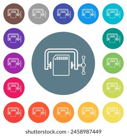 SD memory card compress outline flat white icons on round color backgrounds. 17 background color variations are included.