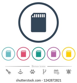 SD memory card flat color icons in round outlines. 6 bonus icons included.