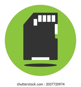 Icono de tarjeta de memoria SD en el fondo verde. Ilustración vectorial del pictograma plano con sombra.