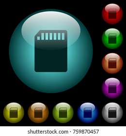 SD memory card icons in color illuminated spherical glass buttons on black background. Can be used to black or dark templates
