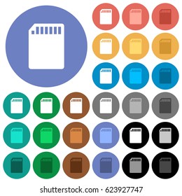 SD memory card multi colored flat icons on round backgrounds. Included white, light and dark icon variations for hover and active status effects, and bonus shades on black backgounds.