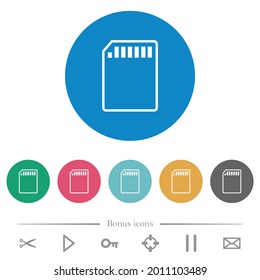 SD memory card outline flat white icons on round color backgrounds. 6 bonus icons included.