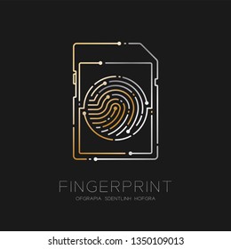 SD or memory card shape Fingerprint pattern logo dash line, Gadget concept design illustration gold and silver isolated on black background with Fingerprint text and space, vector