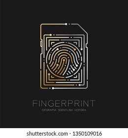 SD or memory card shape Fingerprint pattern logo dash line, Gadget concept design illustration gold and silver isolated on black background with Fingerprint text and space, vector