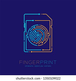 SD or memory card shape Fingerprint pattern logo dash line, Gadget concept design, Editable stroke illustration blue and orange isolated on dark blue background with Fingerprint text and space, vector