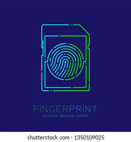 SD or memory card shape Fingerprint pattern logo dash line, Gadget concept design, Editable stroke illustration blue and green isolated on dark blue background with Fingerprint text and space, vector