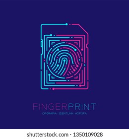 SD or memory card shape Fingerprint pattern logo dash line, Gadget concept design, Editable stroke illustration blue and pink isolated on dark blue background with Fingerprint text and space, vector