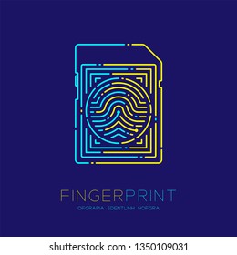 SD or memory card shape Fingerprint pattern logo dash line, Gadget concept design, Editable stroke illustration blue and yellow isolated on dark blue background with Fingerprint text and space, vector
