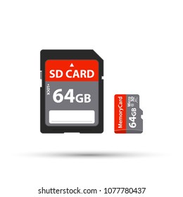 SD And Micro SD Memory Card. 64 GB. Vector Stock Illustration.