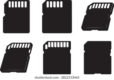 SD and MicroSD memory cards in various angles and sizes for data storage and digital devices silhouette vector