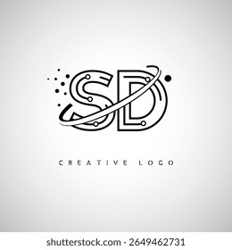 Logotipo do Monograma da Órbita SD - Marca de Letra Mínima Futurista com Linha de Arte Circular, Pontos Inspirados na Tecnologia e Conceito de Movimento Espacial para Identidade de Marca Moderna