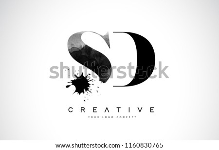 SD S D Letter Logo Design with Black Ink Watercolor Splash Spill Vector Illustration.