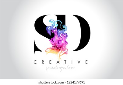 SD Vibrant Creative Leter Logo Design with Colorful Smoke Ink Flowing Vector Illustration.