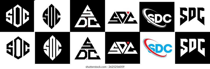 SDC letter logo design in six style. SDC polygon, circle, triangle, hexagon, flat and simple style with black and white color variation letter logo set in one artboard. SDC minimalist and classic logo