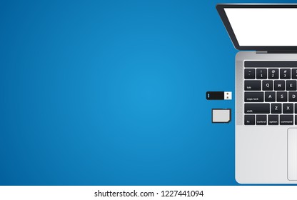 SD-Card ,USB-Flash Drive Connect to Laptop or Notebook on Blue Background. Copy Space for insert content.Vector Illustration Mockup.