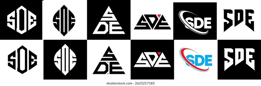 SDE letter logo design in six style. SDE polygon, circle, triangle, hexagon, flat and simple style with black and white color variation letter logo set in one artboard. SDE minimalist and classic logo