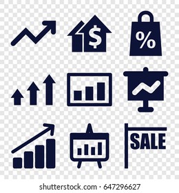 Sdet of 9 sales filled icons such as graph, chart, shopping sale, sale, dolar growth