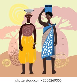 SDG 1 - No Poverty vector peolple portraits Illustration. Africa landscape, poverty problem scene. Eradicate extreme poverty for all people.