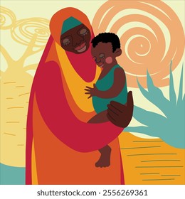 SDG 1 - No Poverty vector mother and child illustration. Africa landscape, poverty problem scene. Eradicate extreme poverty for all people.