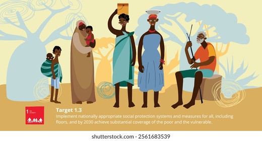 SDG 1 - No Poverty vector peolple groupe Illustration. Africa landscape, poverty problem scene. Eradicate extreme poverty for all people. African groupe of people.