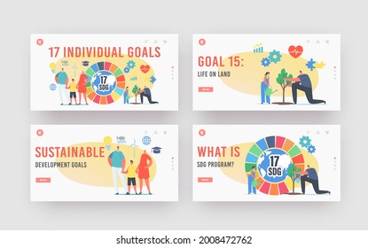 SDG 17 Individual Goals, Sustainable Development Landing Page Template Set. People Use Green Energy, Saving Planet, Growing Plants. Tiny Characters at Huge Colorful Wheel. Cartoon Vector Illustration