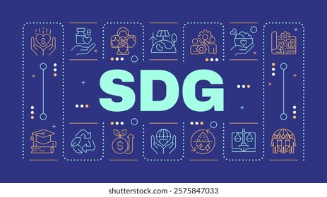 SDG blue word concept. Gender equality. Ecology preservation. Industrialization, innovation. Horizontal vector image. Headline text surrounded by editable outline icons