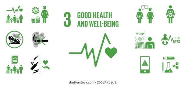 Objetivo 3 do ODS "Good Health and Well-Being Vetor with Targets and Icons"