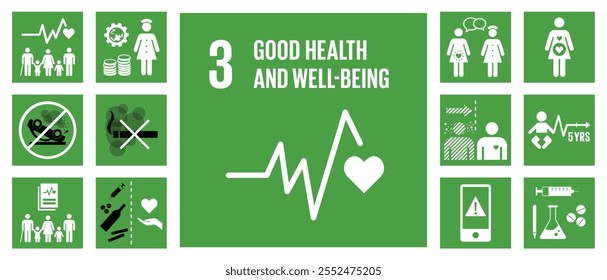 Objetivo 3 do ODS "Good Health and Well-Being Vetor with Targets and Icons"