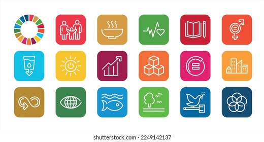 SDG set icons. Corporate social responsibility signs. Sustainable Development Goals illustration. Pictogram for ad, web, mobile app, promo. Vector elements. svg