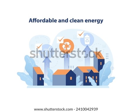 SDG or sustainable development goal. Affordable and clean energy. Sustainable electricity consumption. Power generation source. Solar, water, wind battery. Flat vector illustration