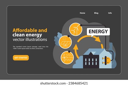 SDG or sustainable development goal night mode or dark mode web banner or landing page. Affordable and clean energy. Sustainable electricity consumption. Power generation. Flat vector illustration