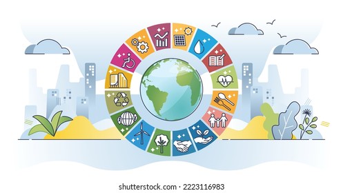 SDG or sustainable development goals by united nations outline concept. Interlinked global social target to reach in future vector illustration. Hunger, health, poverty, education and climate action.