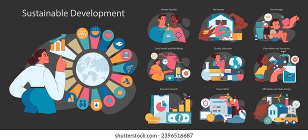 SDG or sustainable development goals dark or night mode set. Global target for better future including gender equality, health, education, clean energy, and economic growth. Flat vector illustration