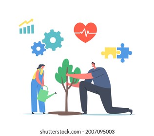 SDG Sustainable Development Goals, Forest Restoration, Reforestation and Planting New Trees Concept. Characters Watering Green Plant, Save Nature, Environment Protection. Cartoon Vector Illustration