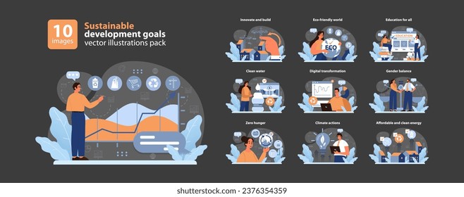 SDG or sustainable development goals night or dark mode set. Global target for better future. Environment protection, social progress and innovative technologies. ESG and CSR. Flat vector illustration