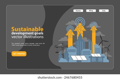SDG or sustainable development goals night mode or dark mode web banner or landing page. Environment protection, social progress and innovative technologies. ESG and CSR. Flat vector illustration