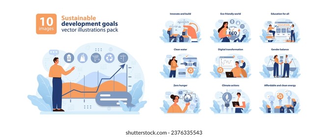 SDG or sustainable development goals set. Global target for better future. Environment protection, social progress and innovative technologies. ESG and CSR. Flat vector illustration