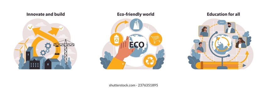 SDG or sustainable development goals set. Global target for better future. Environment protection, social progress and innovative technologies. ESG and CSR. Flat vector illustration