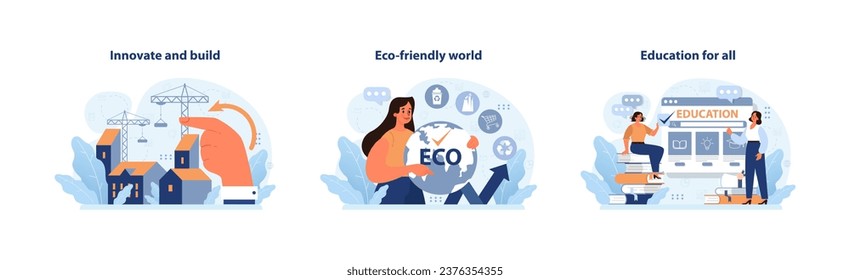 SDG or sustainable development goals set. Global target for better future. Environment protection, social progress and innovative technologies. ESG and CSR. Flat vector illustration