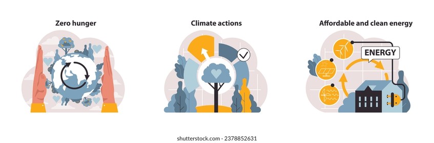 SDG or sustainable development goals set. Global target for better future. Environment protection, social progress and innovative technologies. ESG and CSR. Flat vector illustration